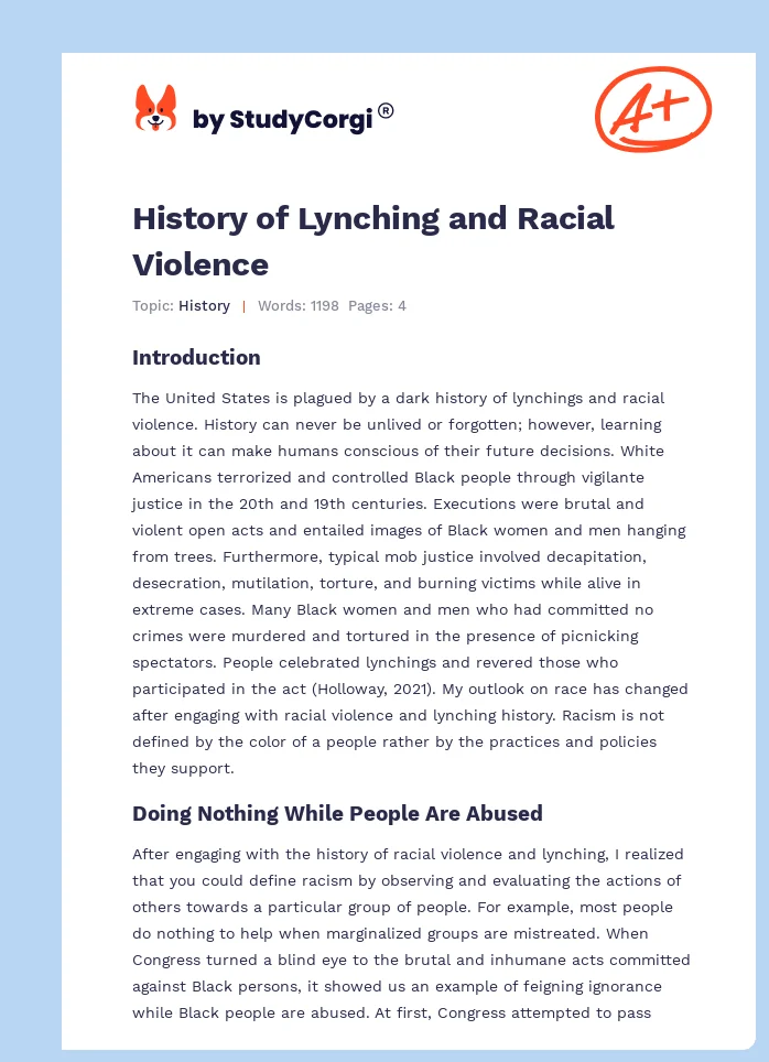 History of Lynching and Racial Violence. Page 1