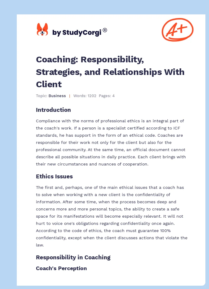 Coaching: Responsibility, Strategies, and Relationships With Client. Page 1