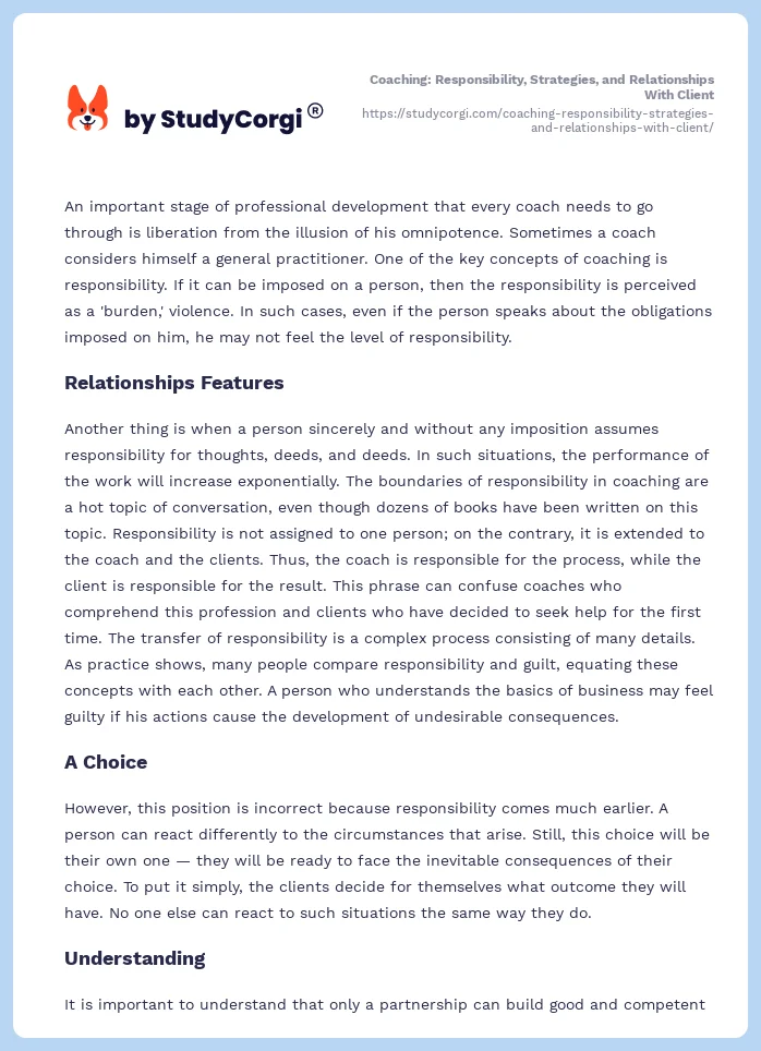 Coaching: Responsibility, Strategies, and Relationships With Client. Page 2