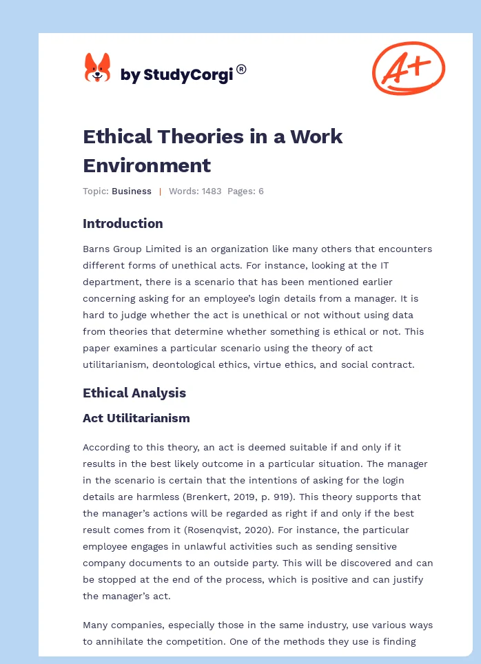 Ethical Theories in a Work Environment. Page 1