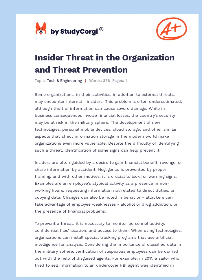 Insider Threat in the Organization and Threat Prevention. Page 1