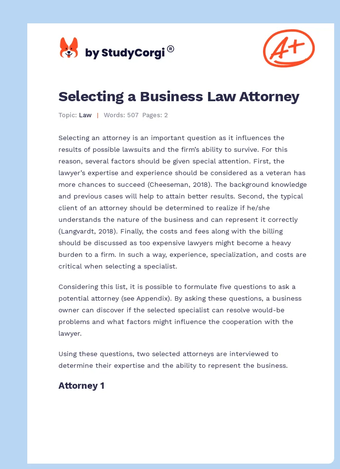 Selecting a Business Law Attorney. Page 1