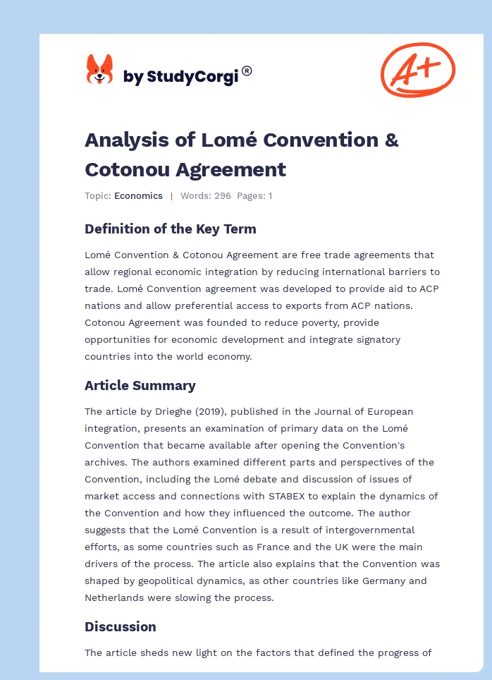 Analysis of Lomé Convention & Cotonou Agreement. Page 1