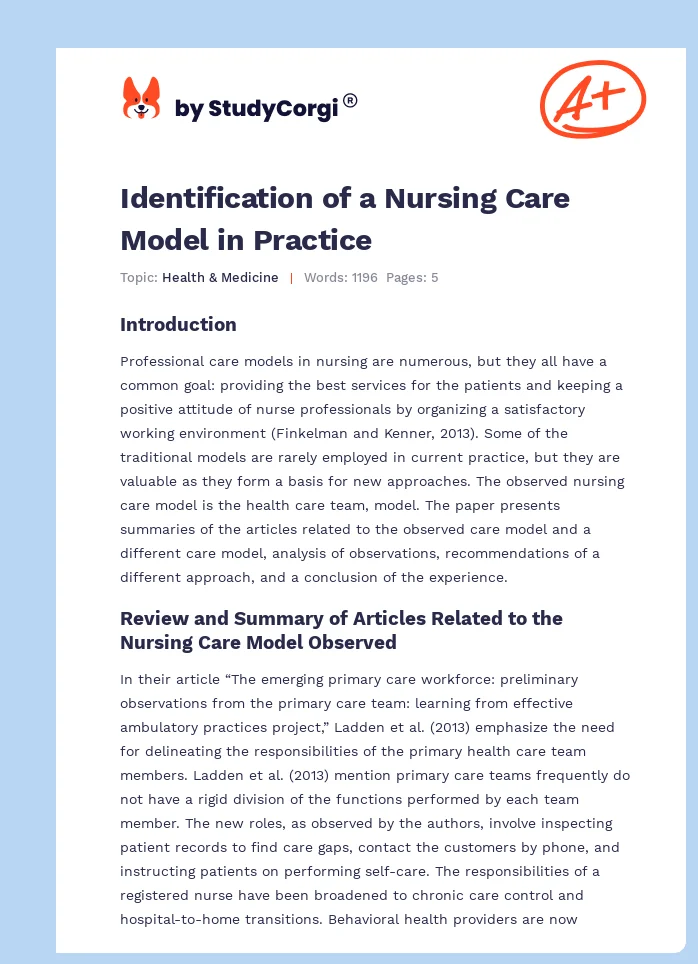 Identification of a Nursing Care Model in Practice. Page 1