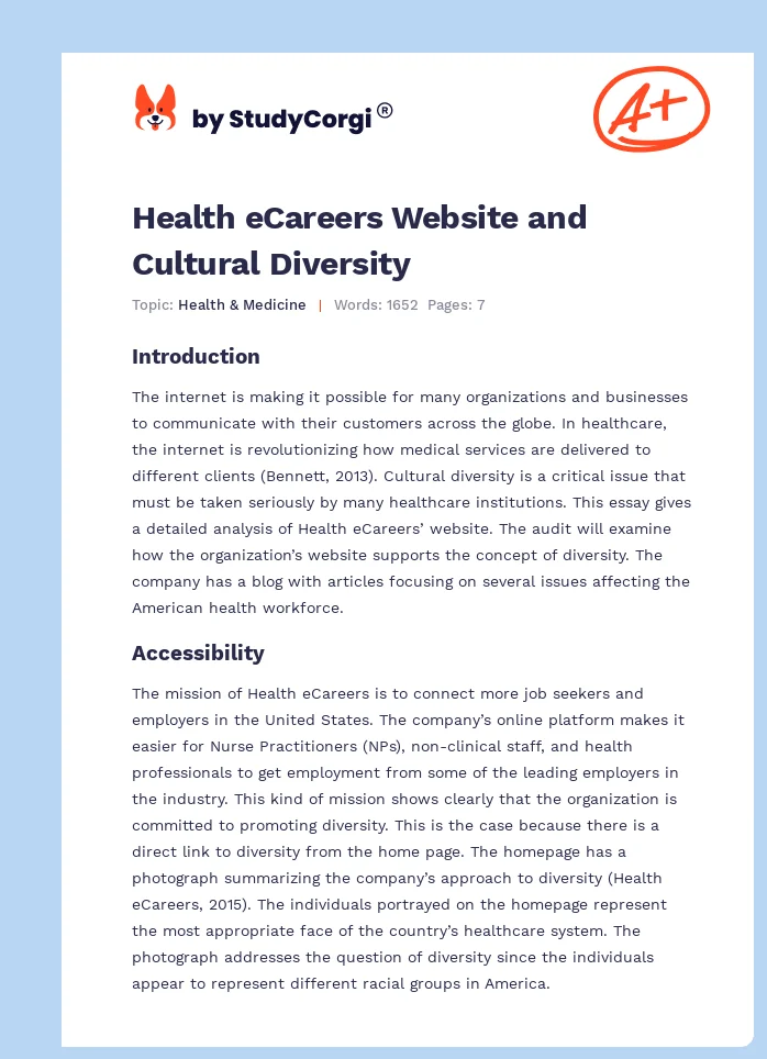 Health eCareers Website and Cultural Diversity. Page 1