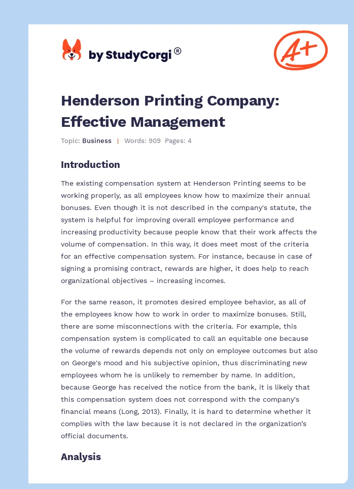 Henderson Printing Company: Effective Management. Page 1