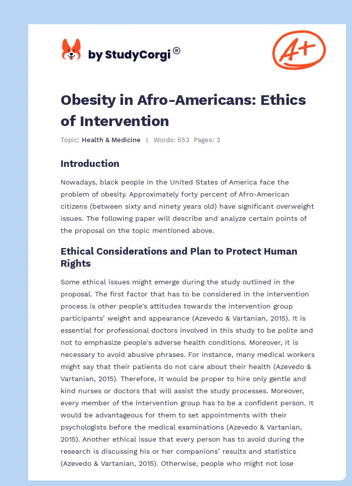 Obesity in Afro-Americans: Ethics of Intervention. Page 1