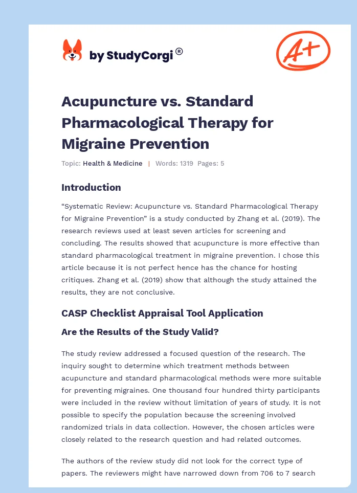 Acupuncture vs. Standard Pharmacological Therapy for Migraine Prevention. Page 1