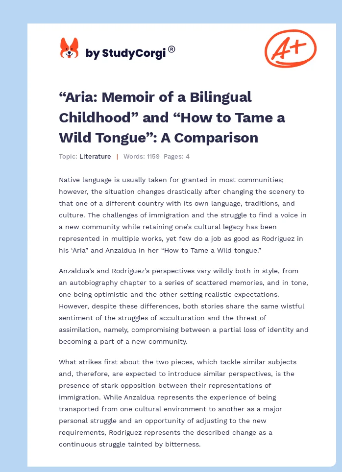 “Aria: Memoir of a Bilingual Childhood” and “How to Tame a Wild Tongue”: A Comparison. Page 1