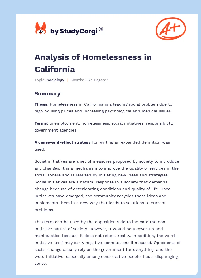 Analysis of Homelessness in California. Page 1