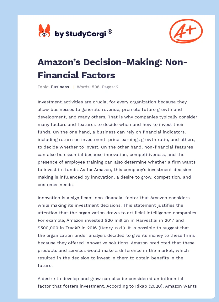 Amazon’s Decision-Making: Non-Financial Factors. Page 1