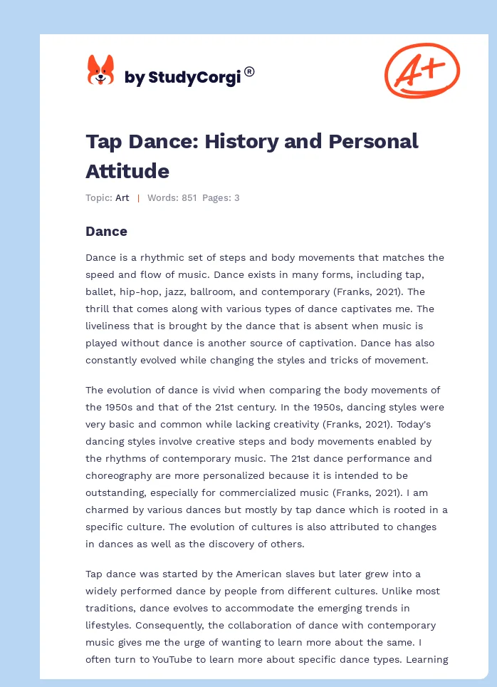 Tap Dance: History and Personal Attitude. Page 1