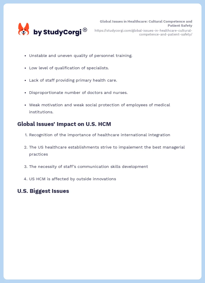 Global Issues in Healthcare: Cultural Competence and Patient Safety. Page 2