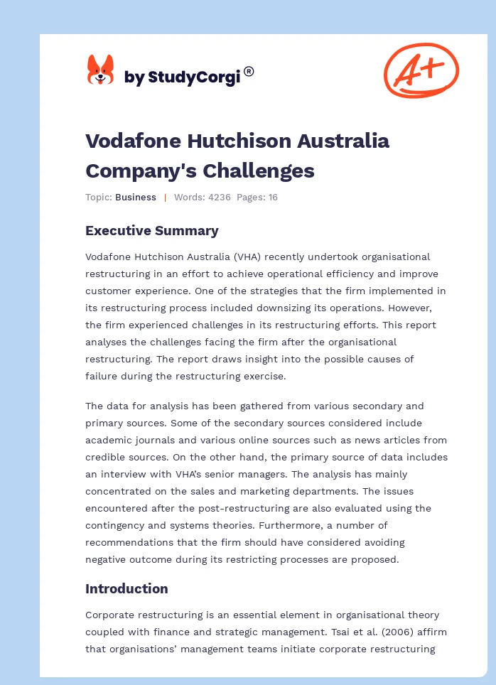 Vodafone Hutchison Australia Company's Challenges. Page 1