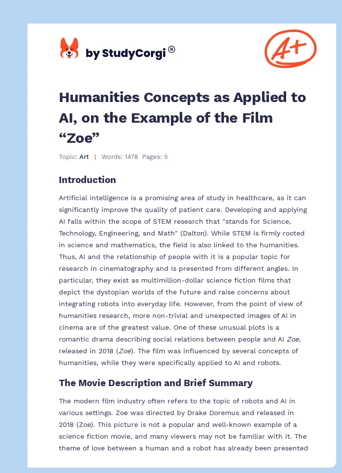 Humanities Concepts as Applied to AI, on the Example of the Film “Zoe”. Page 1