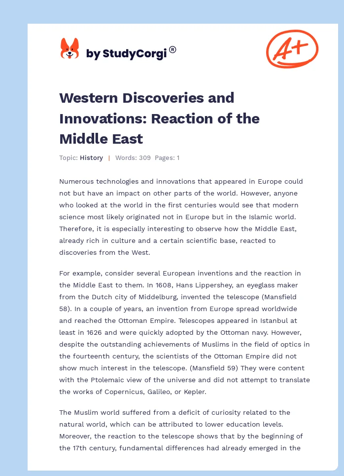 Western Discoveries and Innovations: Reaction of the Middle East. Page 1