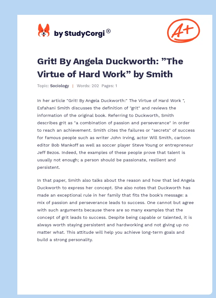 Grit! By Angela Duckworth: ”The Virtue of Hard Work” by Smith. Page 1