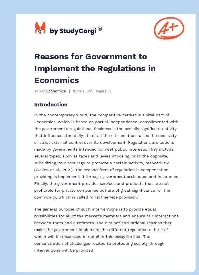 Reasons for Government to Implement the Regulations in Economics. Page 1