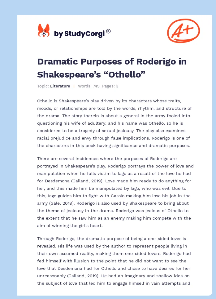 Dramatic Purposes of Roderigo in Shakespeare’s “Othello”. Page 1