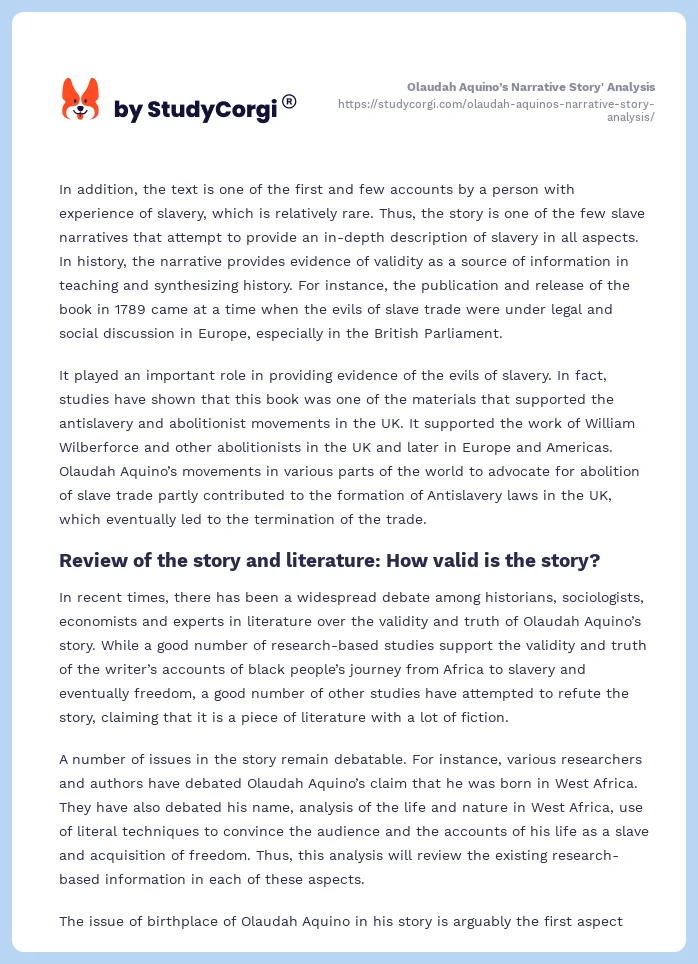 Olaudah Aquino’s Narrative Story' Analysis. Page 2