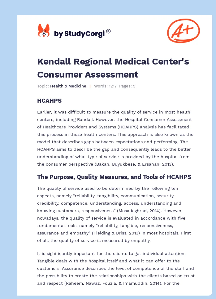 Kendall Regional Medical Center's Consumer Assessment. Page 1