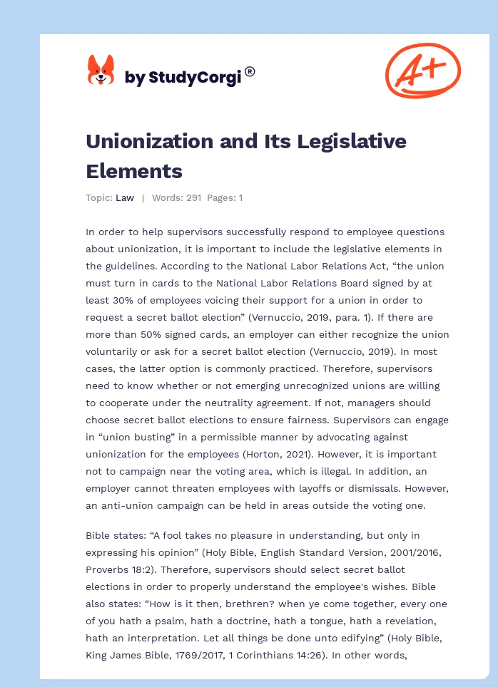 Unionization and Its Legislative Elements. Page 1