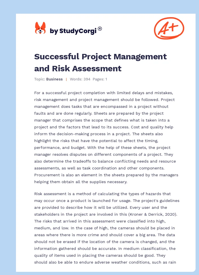 Successful Project Management and Risk Assessment. Page 1
