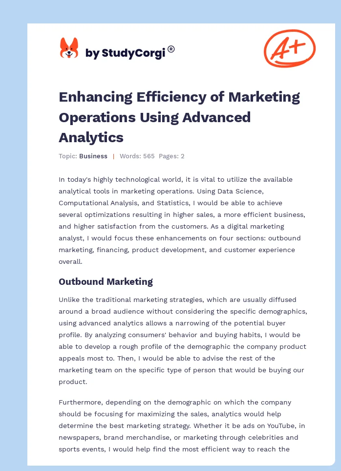 Enhancing Efficiency of Marketing Operations Using Advanced Analytics. Page 1