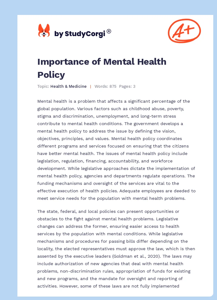 Importance of Mental Health Policy. Page 1