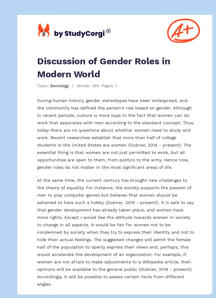 Discussion of Gender Roles in Modern World. Page 1