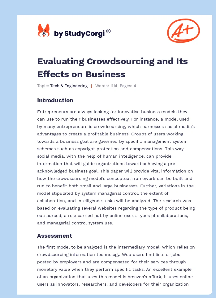 Evaluating Crowdsourcing and Its Effects on Business. Page 1