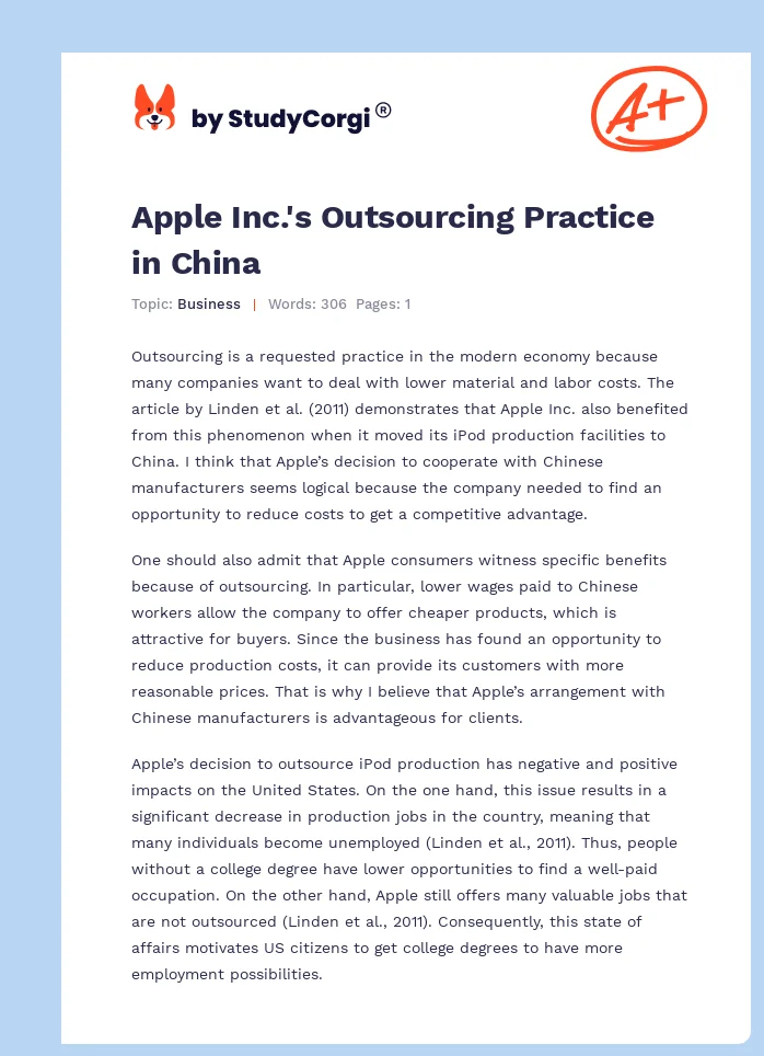 Apple Inc.'s Outsourcing Practice in China. Page 1