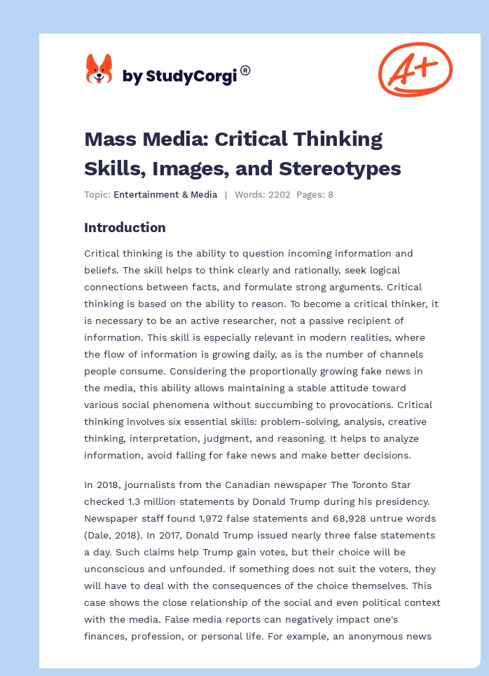 Mass Media: Critical Thinking Skills, Images, and Stereotypes. Page 1