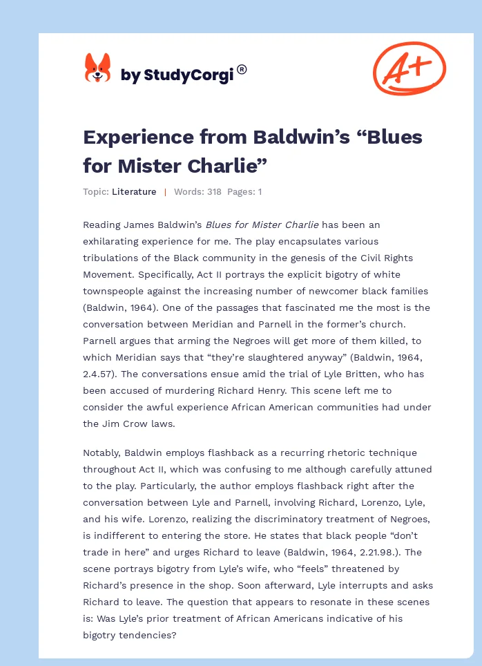 Experience from Baldwin’s “Blues for Mister Charlie”. Page 1