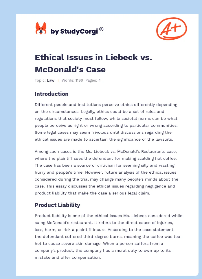 Ethical Issues in Liebeck vs. McDonald's Case. Page 1