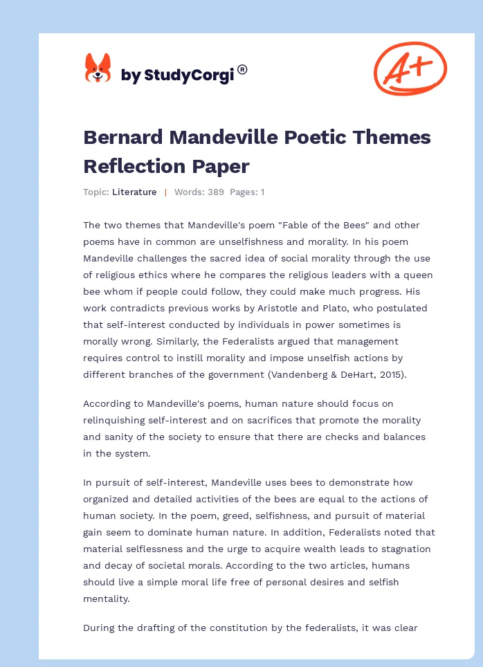 Bernard Mandeville Poetic Themes Reflection Paper. Page 1