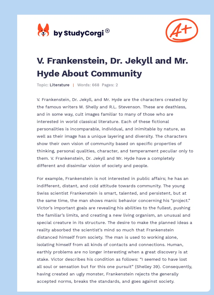 V. Frankenstein, Dr. Jekyll and Mr. Hyde About Community. Page 1