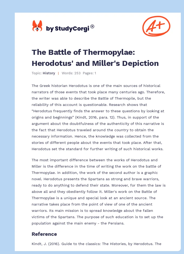 The Battle of Thermopylae: Herodotus' and Miller's Depiction. Page 1