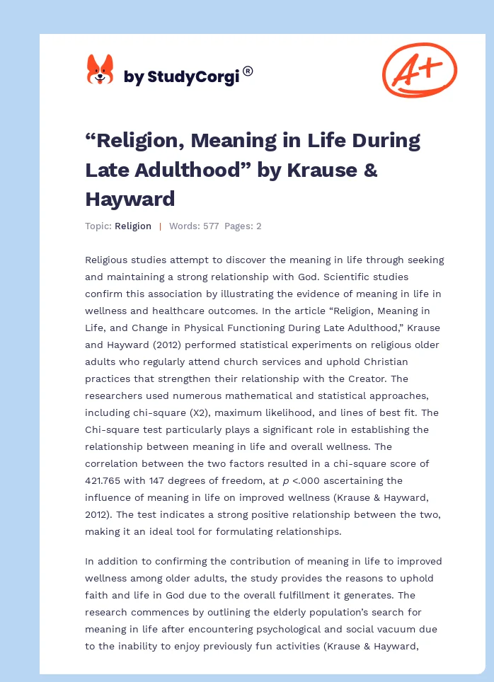 “Religion, Meaning in Life During Late Adulthood” by Krause & Hayward. Page 1
