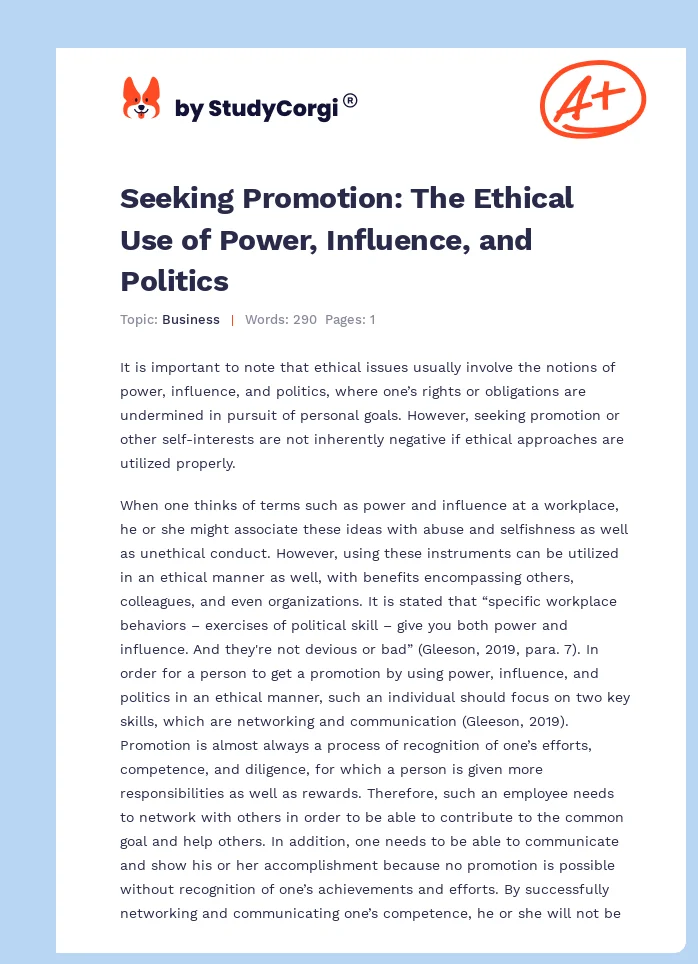 Seeking Promotion: The Ethical Use of Power, Influence, and Politics. Page 1