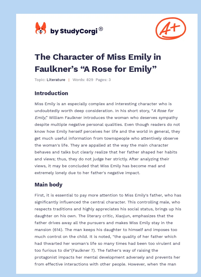 The Character of Miss Emily in Faulkner’s “A Rose for Emily”. Page 1