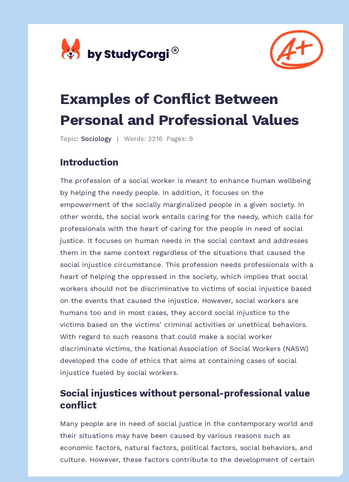 Examples of Conflict Between Personal and Professional Values. Page 1