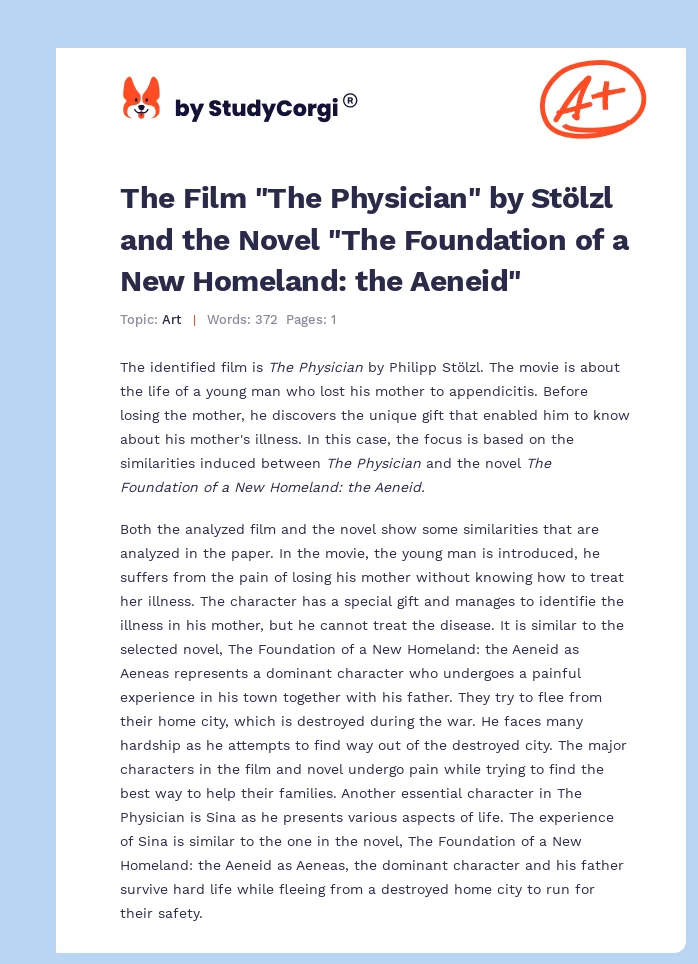The Film "The Physician" by Stölzl and the Novel "The Foundation of a New Homeland: the Aeneid". Page 1