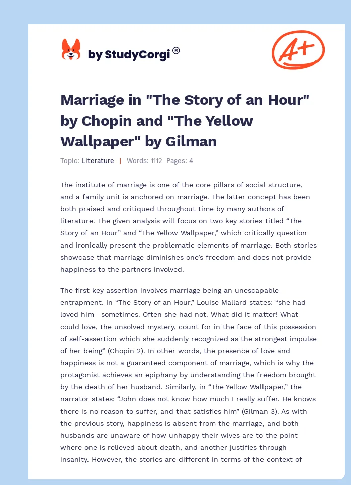 Marriage in "The Story of an Hour" by Chopin and "The Yellow Wallpaper" by Gilman. Page 1