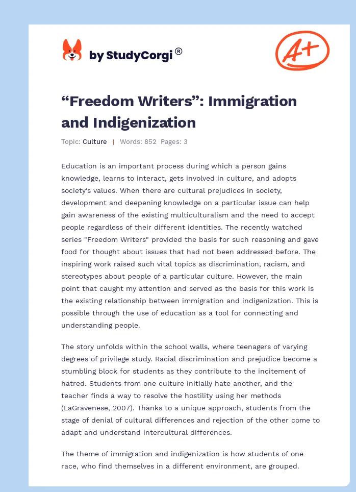 “Freedom Writers”: Immigration and Indigenization. Page 1