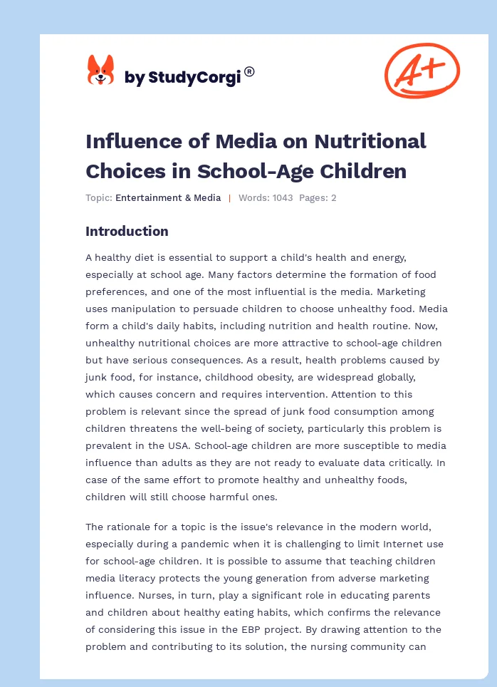 Influence of Media on Nutritional Choices in School-Age Children. Page 1