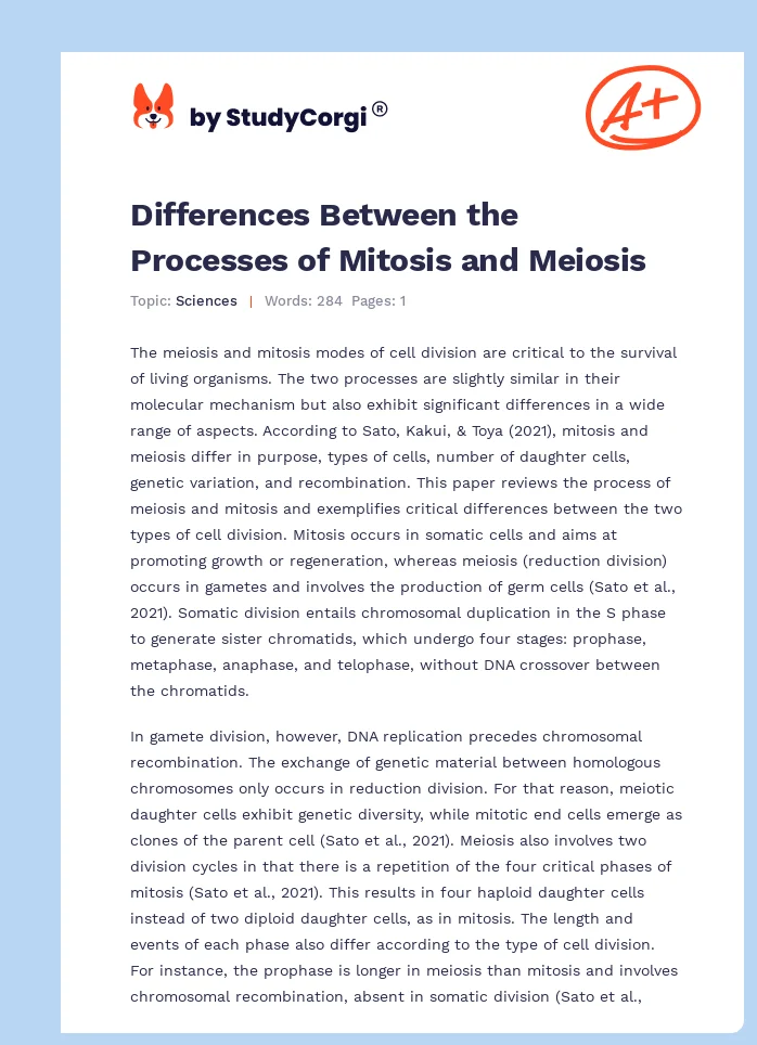 Differences Between the Processes of Mitosis and Meiosis. Page 1
