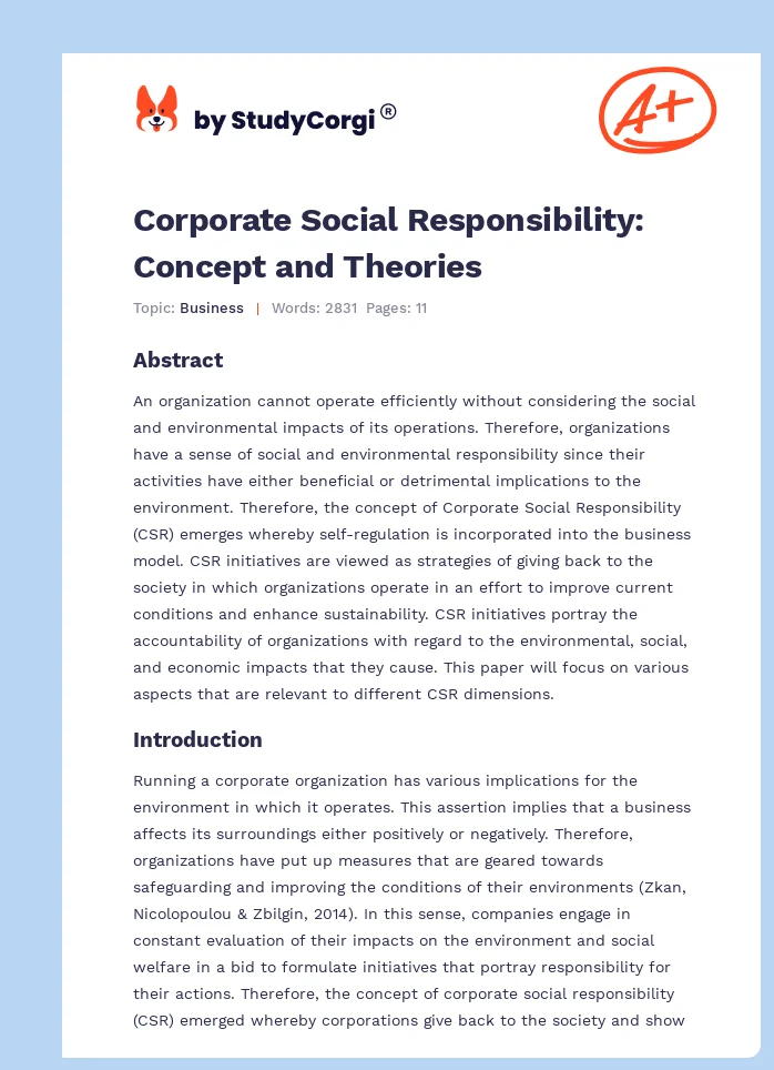 Corporate Social Responsibility: Concept and Theories. Page 1