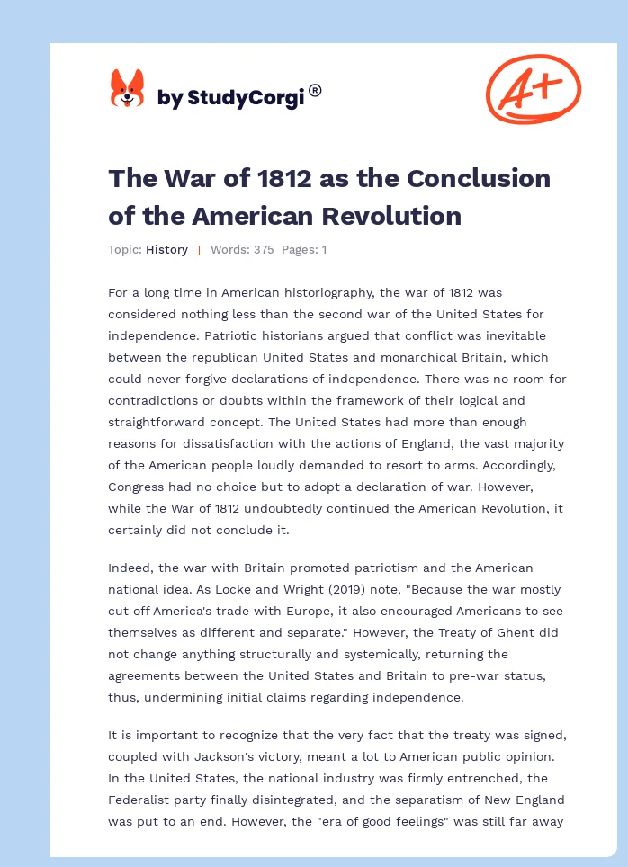 The War of 1812 as the Conclusion of the American Revolution. Page 1