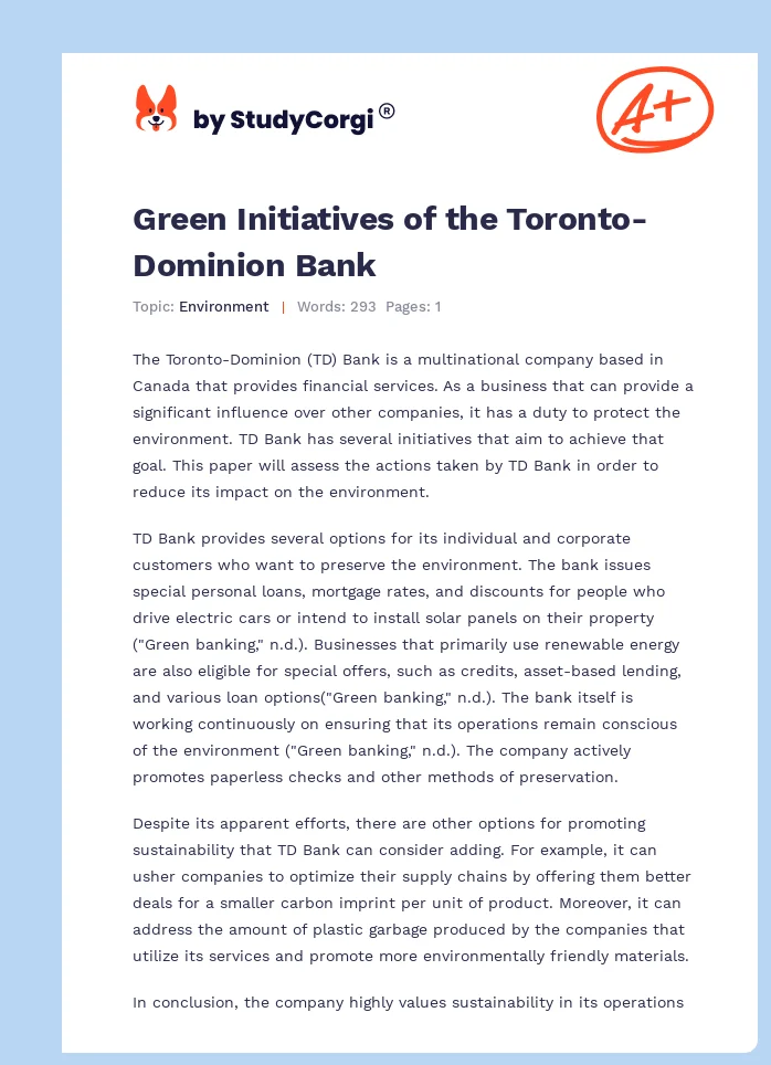 Green Initiatives of the Toronto-Dominion Bank. Page 1